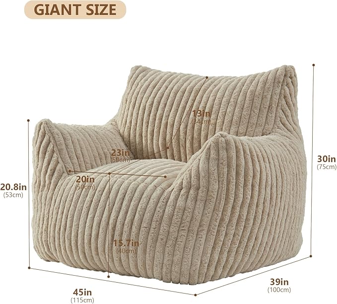 Giant Bean Bag Chairs for Adults Teens, Large Bean Bag Sofa Chairs with Filling Comfy Fuzzy BeanBag Chair with Armrests for Bedroom Living Room Reading-Ruum Studio Home