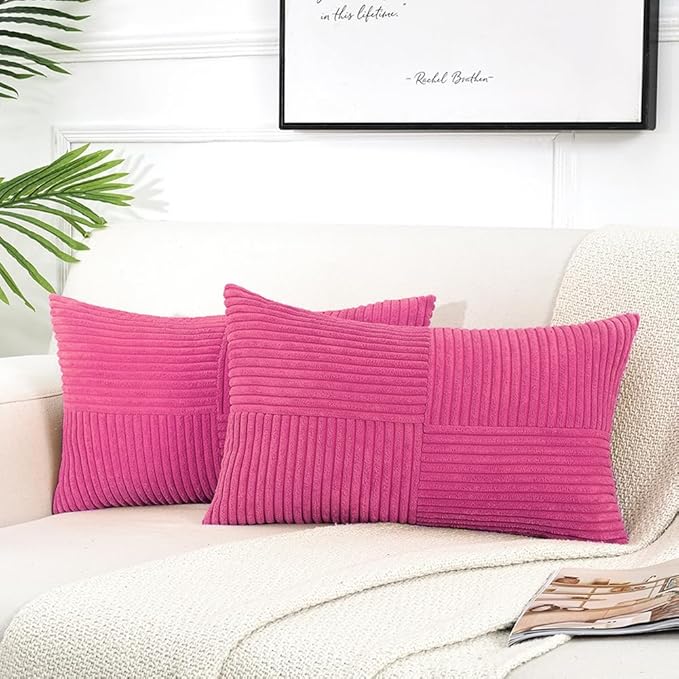 Fancy Homi 2 Packs Hot Pink Long Lumbar Decorative Throw Pillow Covers 12x24 Inch for Couch Bed Sofa, Rustic Farmhouse Boho Home Decor, Soft Striped Corduroy Rectangle Accent Cushion Case 30x60 cm-Ruum Studio Home