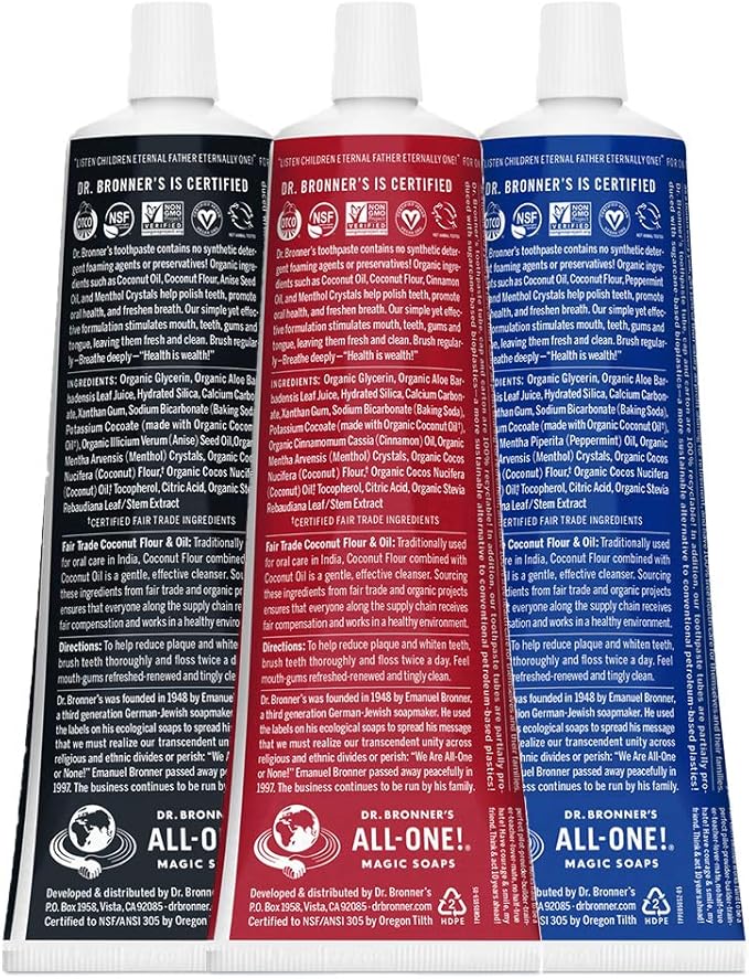 Dr. Bronner’s All-One Toothpaste 3-Pack Variety– (Peppermint, Cinnamon, Anise, 5oz Each)– 70% Organic Ingredients, SLS Free Toothpaste, Fluoride Free, Natural, Vegan, Gentle for Sensitive Teeth-Ruum Studio Home
