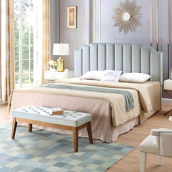 24KF Steel Gray Velvet Tufted King Upholstered Headboard, Modern Vertical Channel Design California King Headboard with Stepped Silhouette Top Edge, Steel Gray-Ruum Studio Home