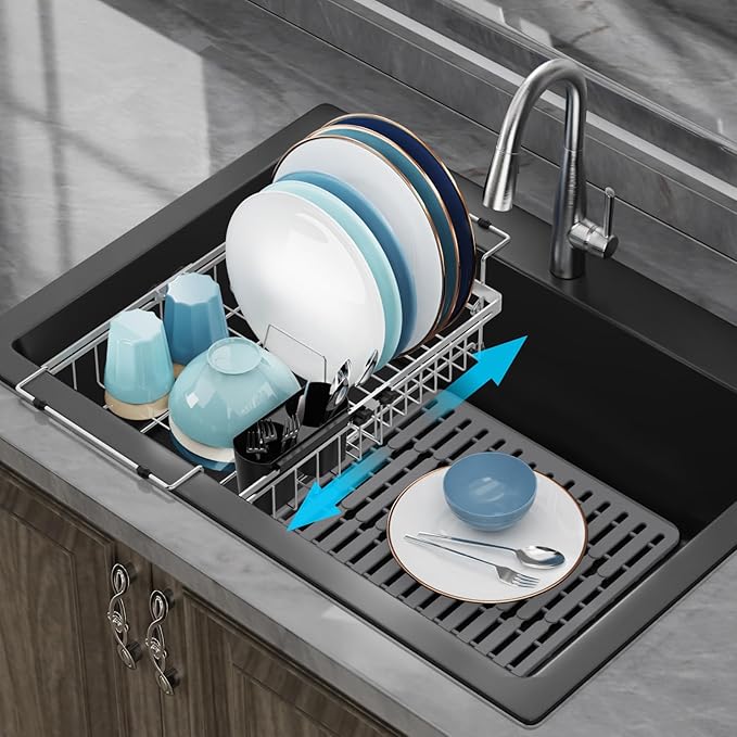 GSlife Expandable Dish Drying Rack - Stainless Steel Capacity Adjustable Over The Sink Rack (10.8''-17.9'') with Sink Mat, Dish Drainer for Kitchen Sink Counter with Utensil Holder, Silver-Ruum Studio Home
