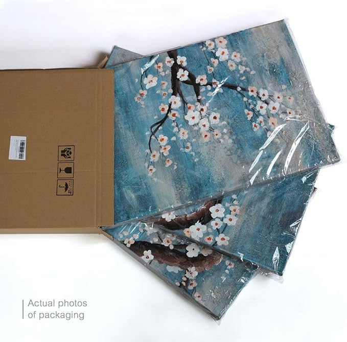amatop Wall Art for Living Room 100% Hand-Painted Flower Oil Painting On Canvas Gallery Wrapped Large Framed Floral Plum Blossom Tree Teal Blue Artwork for Home Bedroom Decor 48"x24"-Ruum Studio Home
