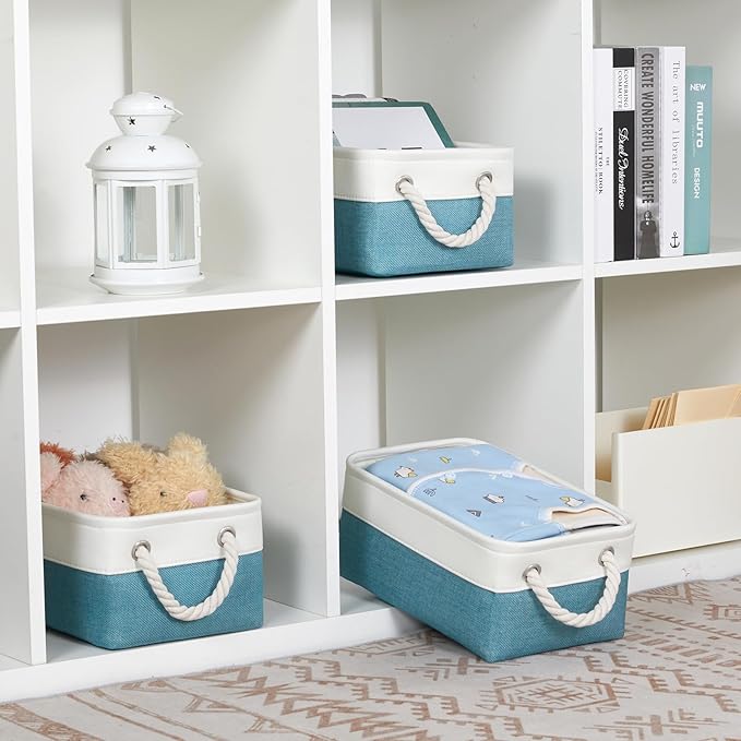 Bidtakay Small Storage Baskets for Shelves 3 Pack Fabric Storage Bins for Organizing Linen Collapsible Organizer for Closet-White&Teal-Ruum Studio Home