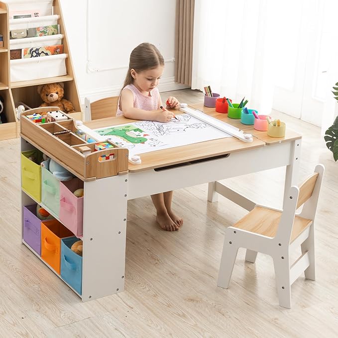 Kids Art Table and Chair - Toddler Craft Table and Chairs Set with 2 Chair & Bins, Kids Activity Desk with Paper Roll for Playrooms & Classroom, 44" L x 24" W, Natural-Ruum Studio Home