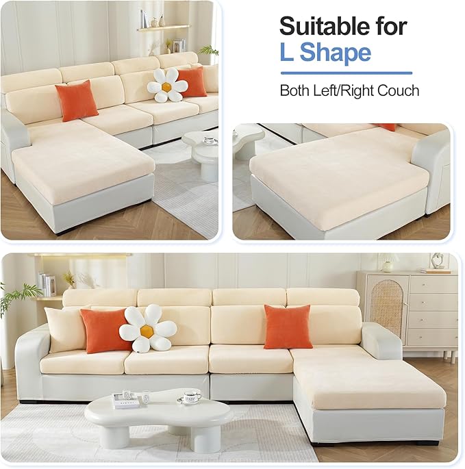 Chaise Cushion Cover for Sectional Sofa, Softer Chenille Sofa Cover for L Shaped Couch (Left or Right Facing), Stretch Chaise Couch Slipcover (Only 1 Piece, Beige)-Ruum Studio Home