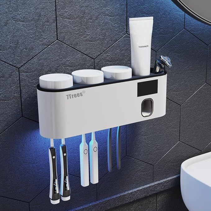 Toothbrush Cleaning Holder, Self Adhesive Toothbrush Holder with 3 Cups, Automatic Toothpaste Squeezer Dispenser Bathroom Accessories Set (White)-Ruum Studio Home