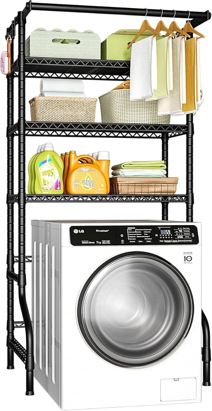 Ulif U11 Over Washer and Dryer Shelves, 3 Tiers Laundry Room Storage and Organizer Standing Shelf, Metal Freestanding Clothes Drying Rack, 33.9" W x 19.7" D x 77.6" H, Black-Ruum Studio Home