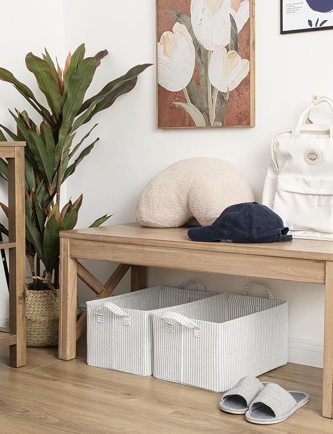 StorageWorks Storage Bins, Fabric Storage Bins for Shelves, Storage Baskets with Metal Frame, Closet Baskets and Bins with Handles, Gray and White Stripes, 2-Pack-Ruum Studio Home