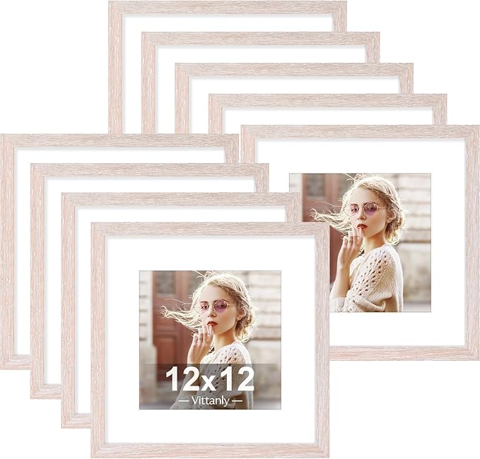 Vittanly 12x12 Picture Frames Set of 9, Shatter Resistant Plexiglass, Display 8x8 Pictures with Mat or 12x12 without Mat, Photo Frames for Wall Mount, Engineered Wood, Rustic Pink-Ruum Studio Home