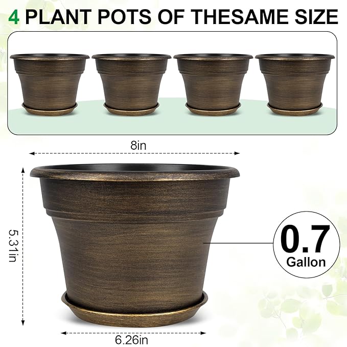 Plant Planters Pots Set of 4 Pack 8 Inch, Plastic Flower Pot for Indoor Plants with Drainage Holes & Trays, Resin Decorative Container Sets with Saucer for House Outdoor Garden Planters Dark Gold-Ruum Studio Home
