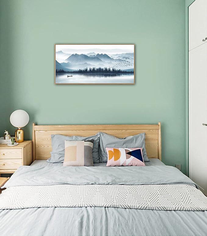 Indigo Framed Canvas Wall Art Misty Mountain Wall Pictures Foggy Lake Boat Canvas Painting Prints Forest Birds Canvas Wall Decor for Living Room Bedroom Decorations Framed 20" x 40" Natural-Ruum Studio Home
