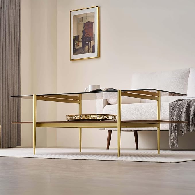 Extra Large Rectangle Glass Coffee Table, Mid-Century Modern Design for Living Room, L47 x W24 x H17, Amber Glass Top and Walnut MDF Shelf, Sleek Conical Metal Legs with Gold Finish-Ruum Studio Home
