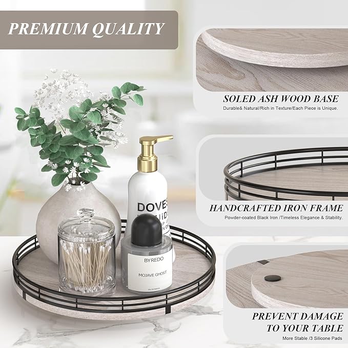 10" Oak Bathroom Vanity Tray Turntable for Perfume Candle, Round Wooden Decorative Tray for Kitchen Sink Countertop Organizer, Bathroom Counter Organizer for Skincare Makeup, Rustic White-Ruum Studio Home