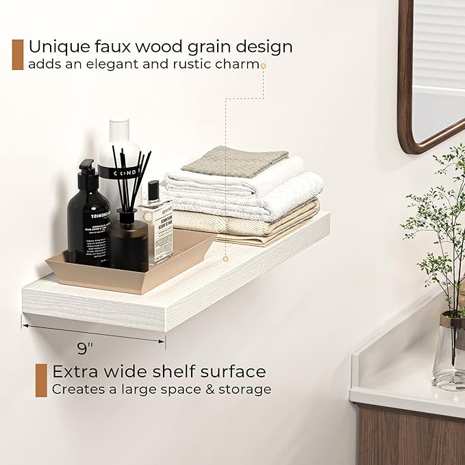 Floating Shelves - 24 Inch Rustic Wooden Wall Shelves - Extra Deeper & Thicker Wall Mounted Storage Shelf for Living Room, Kitchen, Farmhouse - 24" W x 9" D x 1.6" H - Rustic White, 2 Pack-Ruum Studio Home