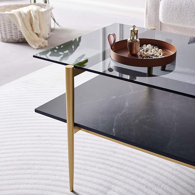 Rectangle Coffee Table for Living Room, Mid-Century Modern Design, L41 x W21 x H17, 2-Tier Structure, Clear Glass Top and Black Marble Wood Shelf, Conical Metal Legs with Gold Finish-Ruum Studio Home
