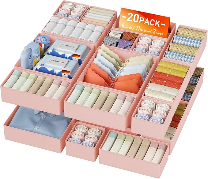 DIMJ Drawer Organizer Clothes 20 Pack - Foldable Baby Organizers and Storage & Dresser Organizer for Bedroom, Closet - Nursery Organization Dresser Dividers for underwear, Sock,Bra, Belt, Tie, Pink-Ruum Studio Home
