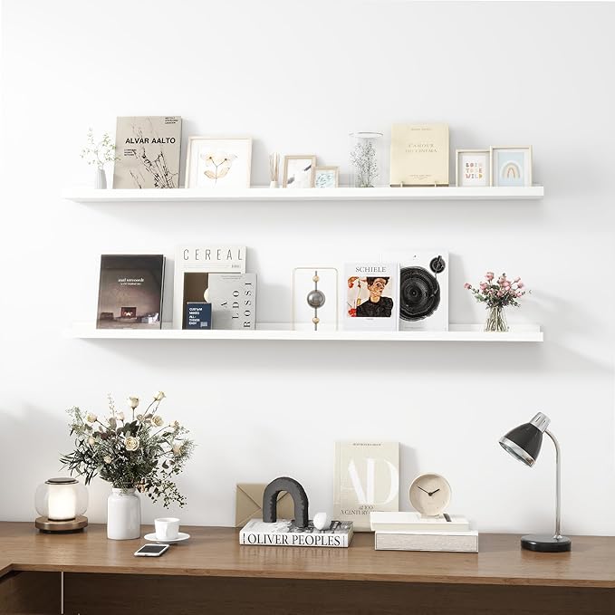 Picture Ledge Shelf, Wood Long Floating Shelves for Wall, Set of 2, 56 inch Picture Ledge Shelves, Photo Ledge Nursery Book Shelves Wall Mounted for Living Room Kids' Room Bedroom, Color White-Ruum Studio Home