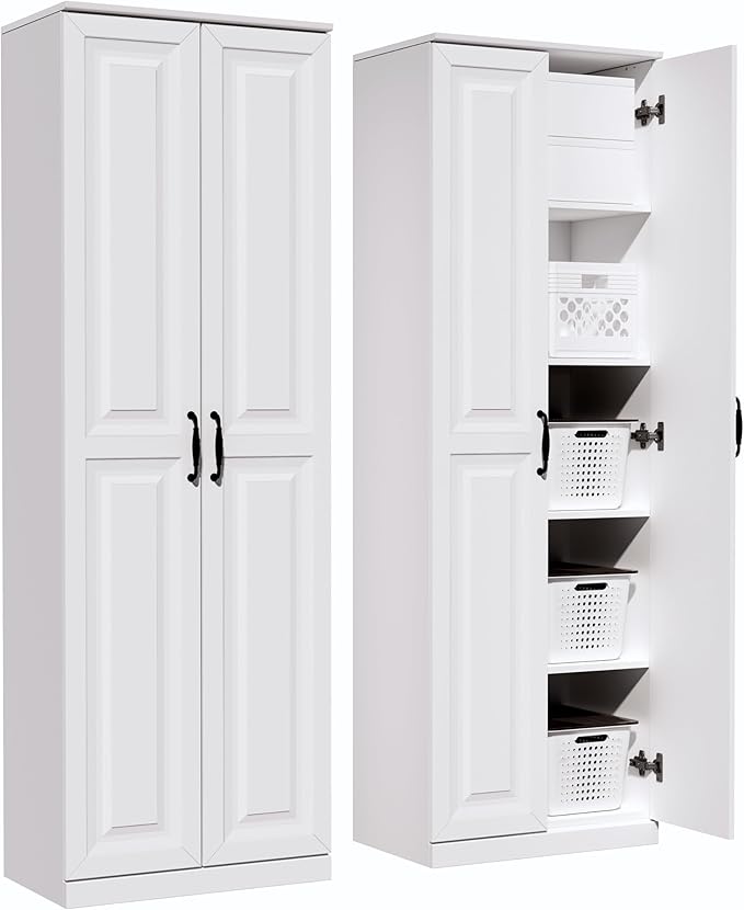 Storage Cabinet/Pantry cabinets, Soft White Finish, 71" Tall Wood Cupboard with 2 Door and 3 Adjustable Shelves for Kitchen, Dining Room, Living Room, Bathroom (Style 1)-Ruum Studio Home