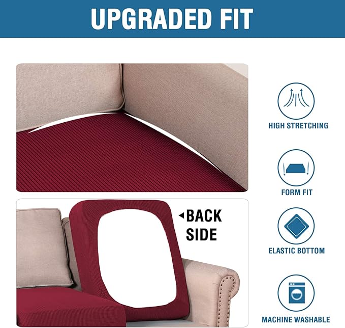 H.VERSAILTEX Super Stretch Individual Seat Cushion Covers Sofa Covers Couch Cushion Covers Slipcover Sets Thick Jacquard Textured Twill Fabric (2 Piece Medium Sofa Cushion Covers, Burgundy Red)-Ruum Studio Home