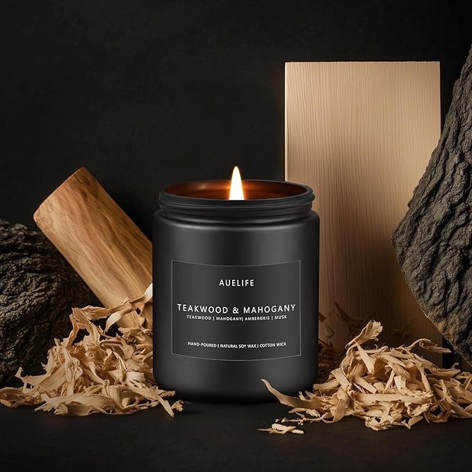 Teakwood & Mahogany Candle | Masculine Candles for Men, Gifts for Men - Soy Candle for Home Scented - Scented Candles for Home, Aromatherapy Gifts Long Lasting Burn Time - 7oz Black Jar-Ruum Studio Home