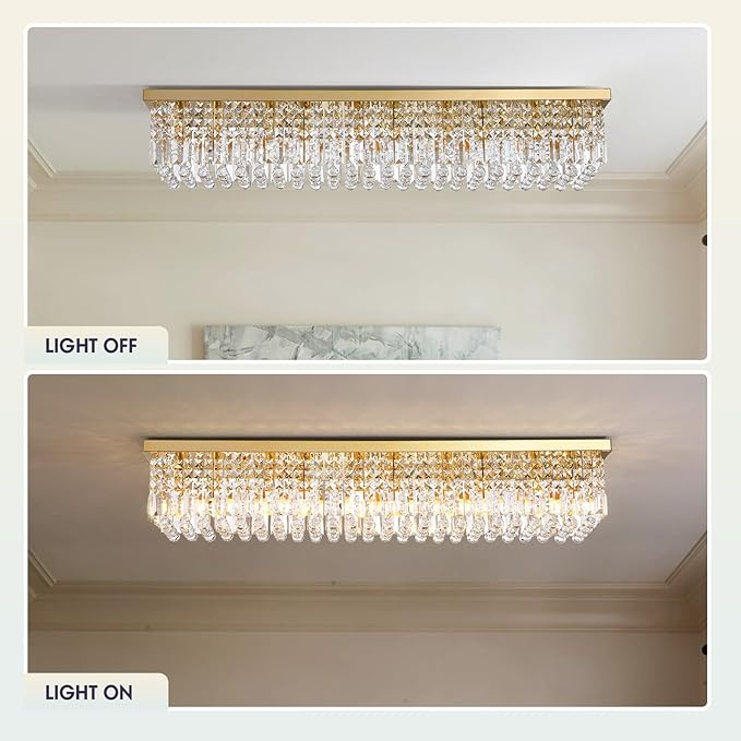 10 Lights Gold Flush Mount Rectangle Chandelier, Modern K9 Crystal Chandeliers Light Fixture Rectangular Raindrop Chandelier Pendant Island Light for Living Dining Room Kitchen Bar L47 Inch-Ruum Studio Home