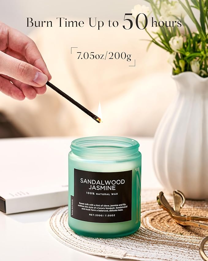 M&SENSE Sandalwood Jasmine Scented Candles, Natural Soy Wax Best Smelling Candle 7.05oz 50 Hour Burning，Floral Non Toxic Single Cotton Wick Aromatherapy Gifts for Women Friend-Ruum Studio Home