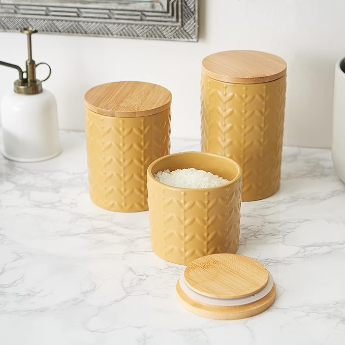 DII Kitchen Accessories Collection, Textured Matte Ceramic Canister Set, Honey Gold, Vine, 3 Piece-Ruum Studio Home