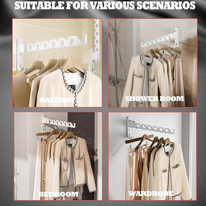 Dr.DJ Wall Mount Coat Hanger Holder White Clothes Drying Organizer Rack Garment Hooks Aluminium Retractable Folding Indoor Wall Mounted Hanger Space Saver for Laundry Room Bedroom White 2Pack-Ruum Studio Home