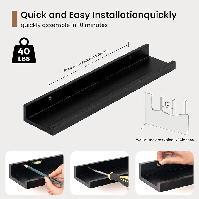 Picture Ledge Shelf, Solid Pine Wood Floating Shelves Set of 4, 16 Inches Nursery Book Shelves for Toys Storage, Kids Bookshelf Wall Mounted for Living Room Decor Photo Frames, Black-Ruum Studio Home