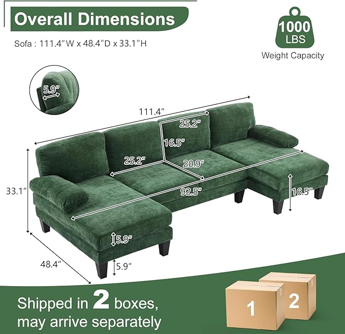 Karl home U-Shape Sectional Sofa Couch 111" Modern 4-Seat Sofa with Chaises Chenille Fabric Upholstered Covertible Couch with Wood Grain Legs for Living Room, Reception Room, Apartment, Green-Ruum Studio Home