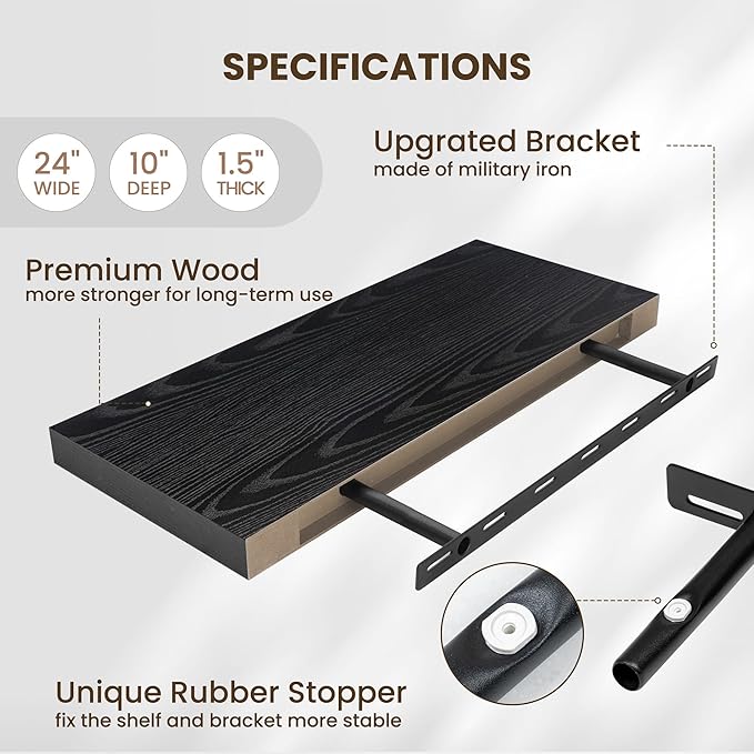 Fun Memories 24 Inch Floating Shelves Wall Mounted, 10 Inch Deep Wall Shelves, 24 x 10 Floating Shelf for Living Room Bathroom Bedroom, Black, Set of 2-Ruum Studio Home