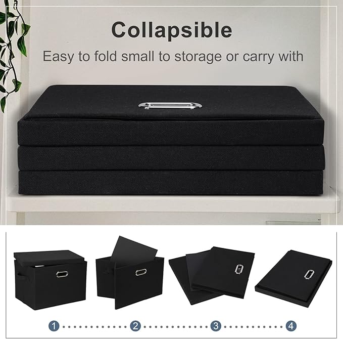 Large 17" 36 Quart Collapsible Stackable Storage Bins with Lids, 1 Pack Black Foldable Fabric Closet Storage Boxes with Lids, 4 Handles Heavy-duty Linen Cube Baskets for Bedroom-Ruum Studio Home