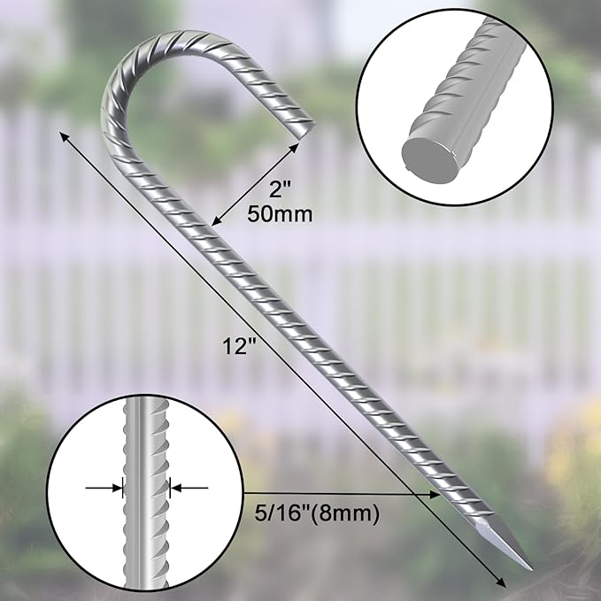12 Inch Rebar Ground Stakes Heavy Duty J Hook 55 Pack Metal Spikes Galvanized Ground Anchors Tent Stakes for Fence, Bounce House, Gazebos and Outdoor Decorations Inflatables-Ruum Studio Home