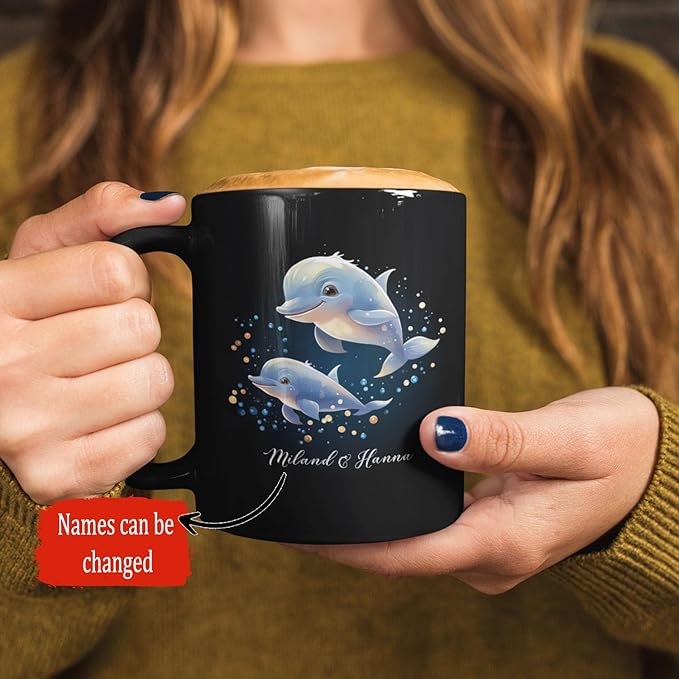 Custom Name Xmas Animal Cup, Cute Dolphins Swimming Design Mug 11oz 15oz, Customized Christmas Dolphins Black Cup, Personalized Animal Lover Coffee Mug, Gift For Newlyweds, Close Friend-Ruum Studio Home