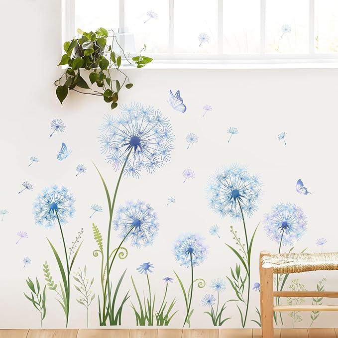 Dandelion Flower Butterfly Wall Decals Blue Dandelion Plants Floral Wall Stickers Peel and Stick Vinyl Wall Art Decor for Living Room Bedroom Office TV Sofa Backdrop Home Decor Gifts for Mom-Ruum Studio Home