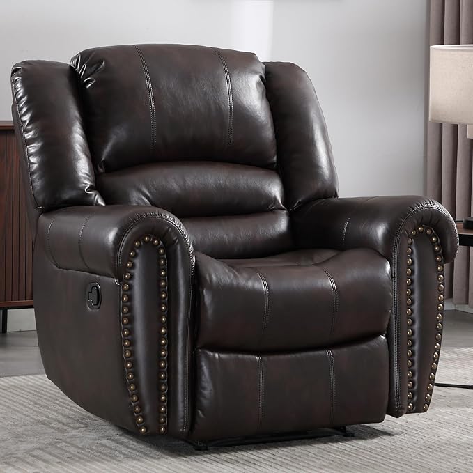 CANMOV Leather Recliner Chair, Classic and Traditional Manual Recliner Chair with Comfortable Arms and Back Single Sofa for Living Room, Dark Brown-Ruum Studio Home
