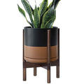 D'vine Dev Ceramic Planter with Walnut Color Stand - 10 Inch Modern Round Flower Pot with Wood Planter Holder, Black/Speckled Tan, 55-B-X-7-Ruum Studio Home