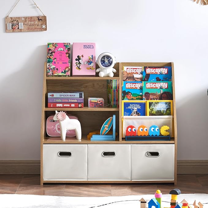 Kids Bookshelf, Kids Toy Storage Organizer with Storage Bins, Wooden Bookshelf and Book Display Shelf for Bedroom, Playroom, Nursery, Classroom, Teak Color-Ruum Studio Home