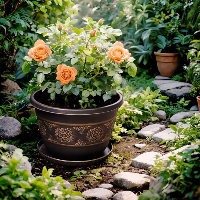 6 Pack 8 inch Plant Pots, Retro Pattern Planters with Drainage Holes and Saucer, Sturdy Plastic Garden Flower Pots for Indoor & Outdoor Plants-Ruum Studio Home