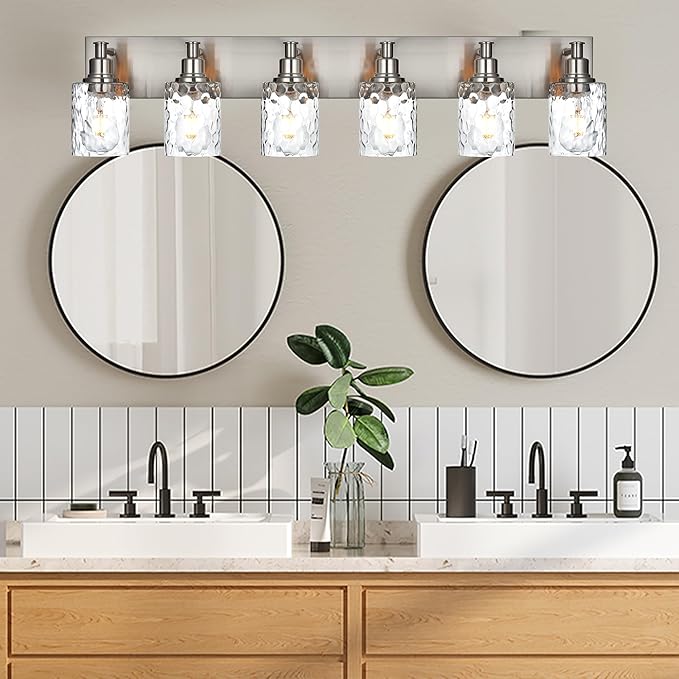 BONLICHT Vanity Light Fixture Brushed Nickel 6-Light Modern Farmhouse Wall Sconce Bathroom Lighting with Hammered Glass Industrial Wall Mount Lights for Kitchen Dining Room Cabinet Corridor-Ruum Studio Home