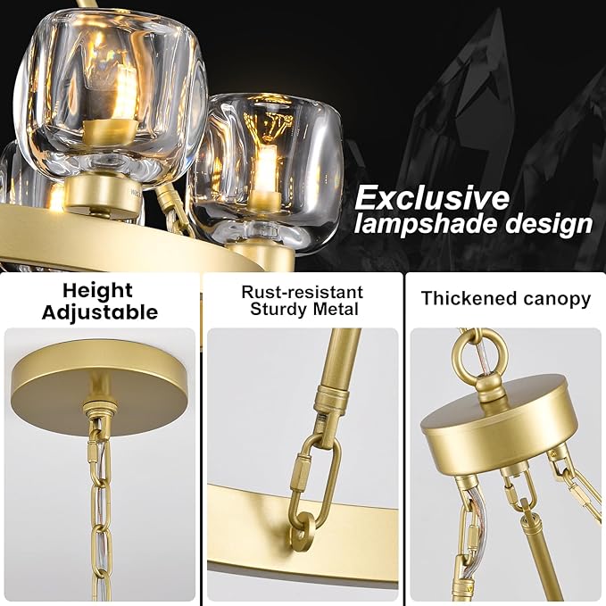 Gold Wagon Wheel Chandelier, 36 Inch Brass Chandeliers with Unique Glass Shade, 9-Light Crystal Farmhouse Wagon Wheel Chandeliers for Dining Room, Round Chandelier for Living Room, Foyer, Entryway-Ruum Studio Home