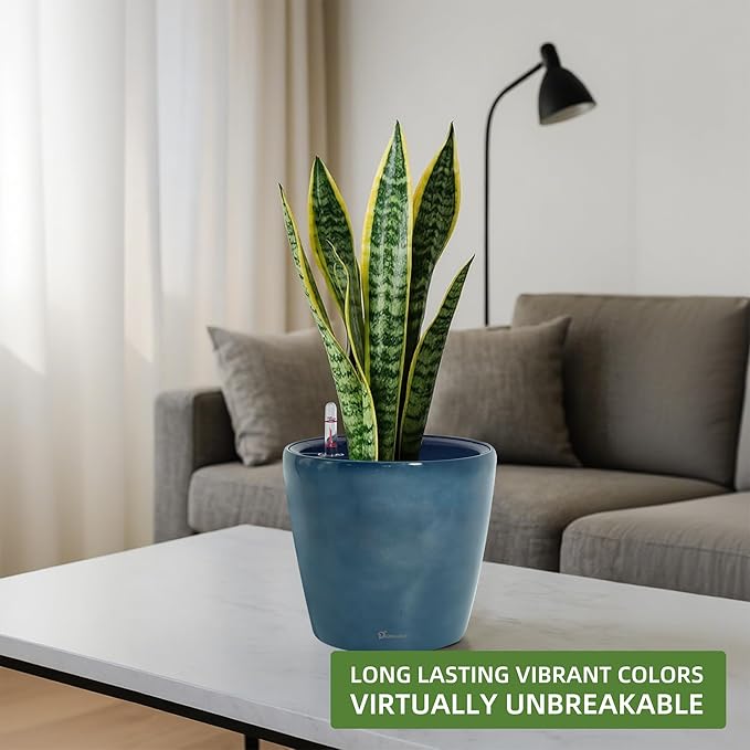 Dexceder 9x8 Inches Self Watering Planter Indoor Outdoor, Inner Pot Design, Thickened Table Flower Plant Pot with Water Level Indicator (Grayish Green Gradient)-Ruum Studio Home