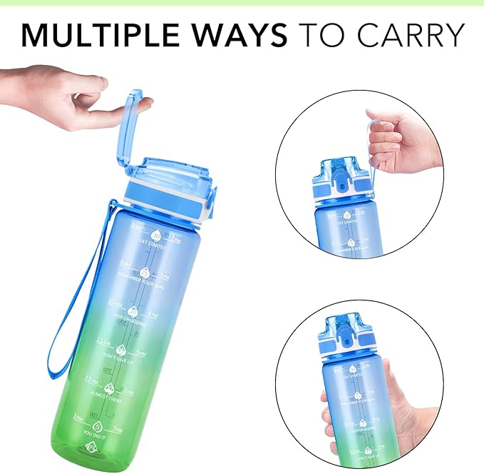 32oz Motivational Water Bottles with Time Marker & Fruit Strainer, Transparent Gradient Color Water Bottle with Times to Drink, Leakproof & BPA Free, Reusable Bottle with Strap (No Straw)-Ruum Studio Home