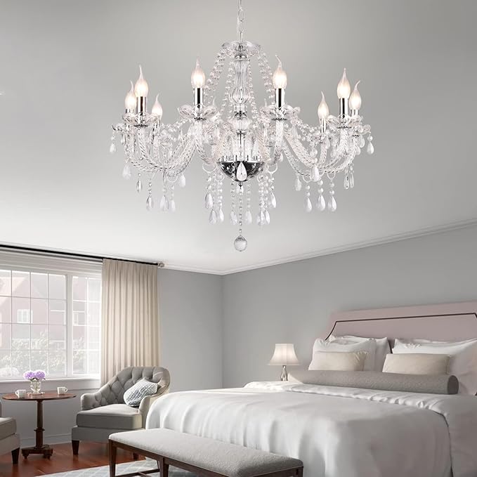 Modern Elegant 10 Lights K9 Crystal Glass Chandelier Silver Pendant Ceiling Lighting European Style for Dining Living Room Bedroom Transparent, 10 E12 Bulbs Required-Ruum Studio Home