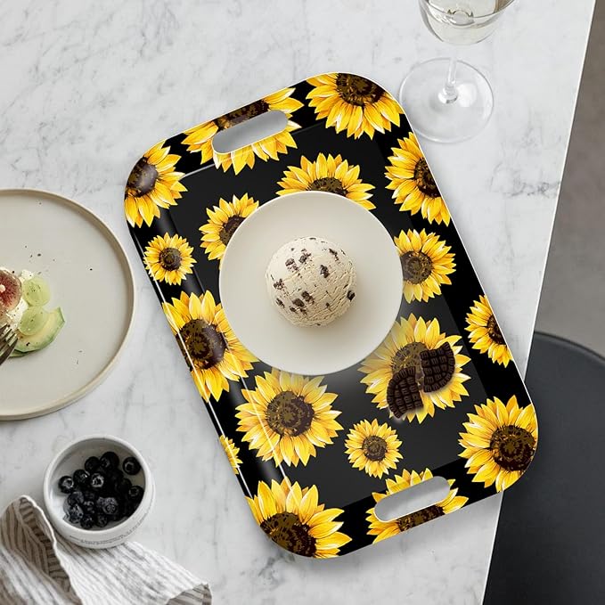 Serving Trays with Handles, 14.5 x 9.8 inch Rectangular Plastic Tray for Restaurant, Kitchen, Sunflower Black Background-Ruum Studio Home