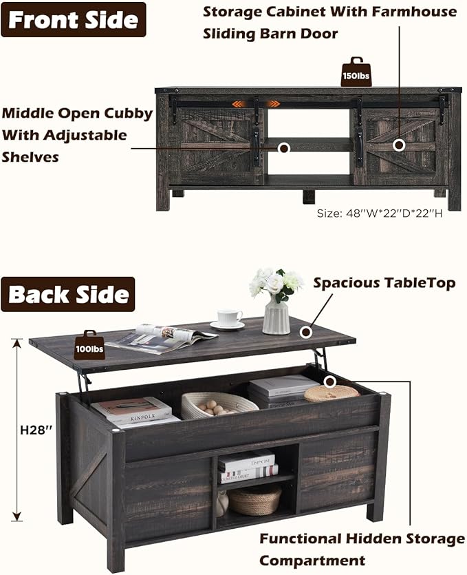 OKD 48" Farmhouse Lift Top Coffee Table with Sliding Barn Door,Rustic Center Table with Hidden Storage Compartment,Lifting Tabletop and Adjustable Shelf for Living Room,Office,Dark Rustic Oak-Ruum Studio Home
