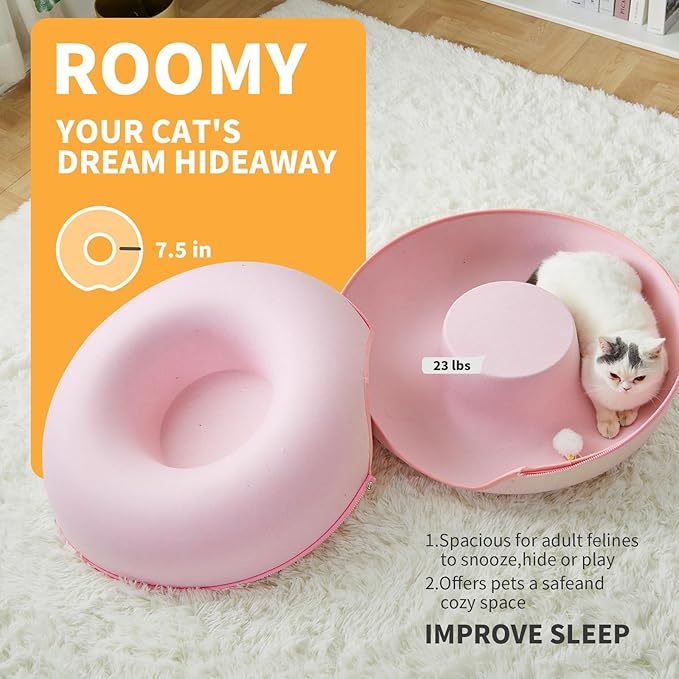 Jia Xi Cat Tunnel Bed & Hideout - Large Indoor Cat Condo & Cave (24 inch, Pink)-Ruum Studio Home