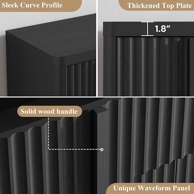 Buffet Cabinet with Storage, 60" Fluted Coffee Bar with 4 Drawers & 2 Doors, Modern Sideboard Buffet with Solid Wood Handle, Credenza Storage Cabinet for Living Room Kitchen Dining Room, Black(1PCS)-Ruum Studio Home