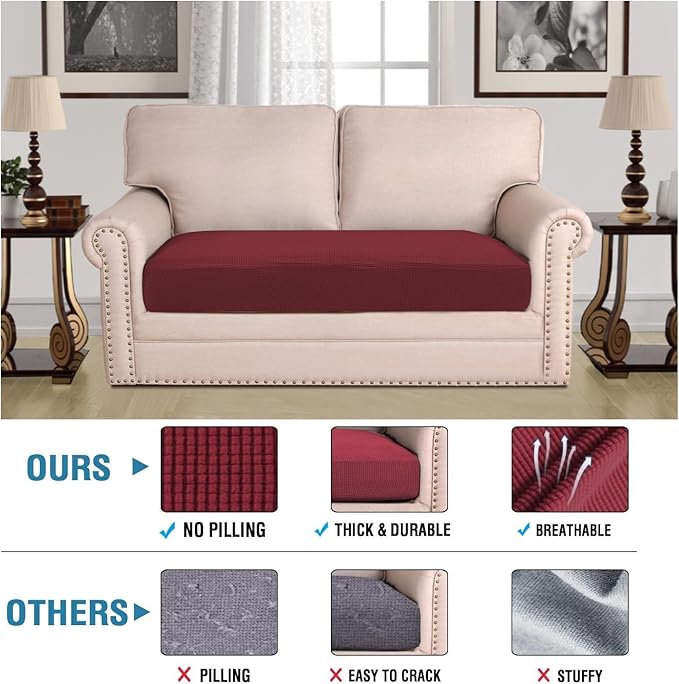 H.VERSAILTEX Super Stretch Individual Seat Cushion Covers Sofa Covers Couch Cushion Covers Slipcover Sets Thick Jacquard Textured Twill Fabric (1 Piece Loveseat Cushion Cover, Burgundy Red)-Ruum Studio Home