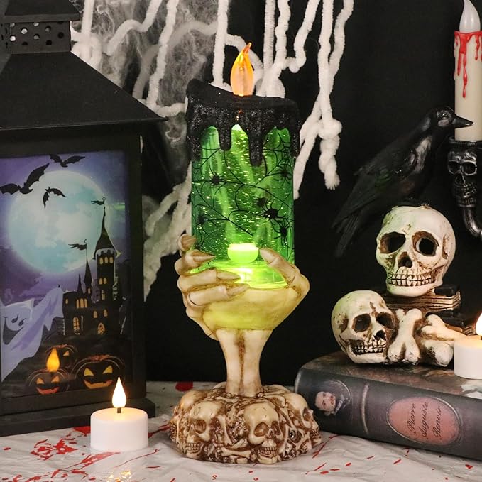Eldnacele Halloween Snow Globe Candles Lighted Lamp USB Powered Battery Operated Spooky Spinning Water Glittering Tornado Flameless Candles Skeleton Hand Holder Halloween Centerpiece Decor(Spider)-Ruum Studio Home